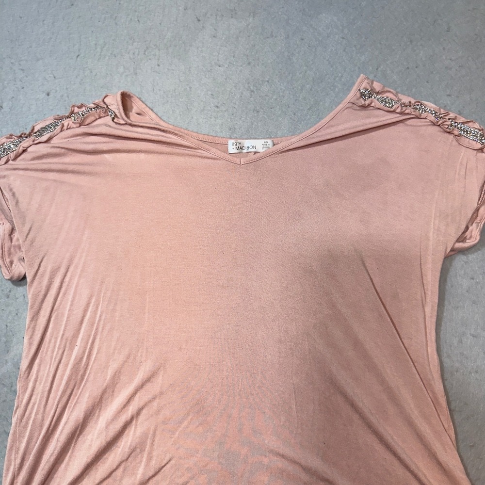 89th + Madison Womens Pink Rhinestone Shoulder V-Neck High-Low Top‎ L